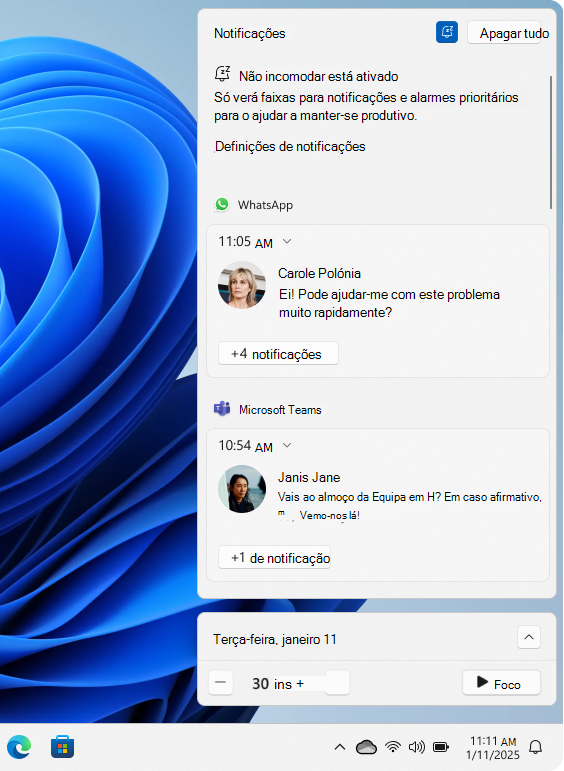 Captura de ecrã do centro de notificações.