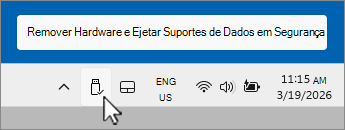 Captura de ecrã do ícone Remover dispositivo USB em segurança no tabuleiro de notificações.
