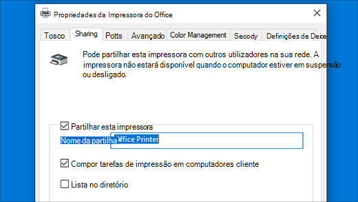 Partilhar uma impressora em Propriedades da Impressora