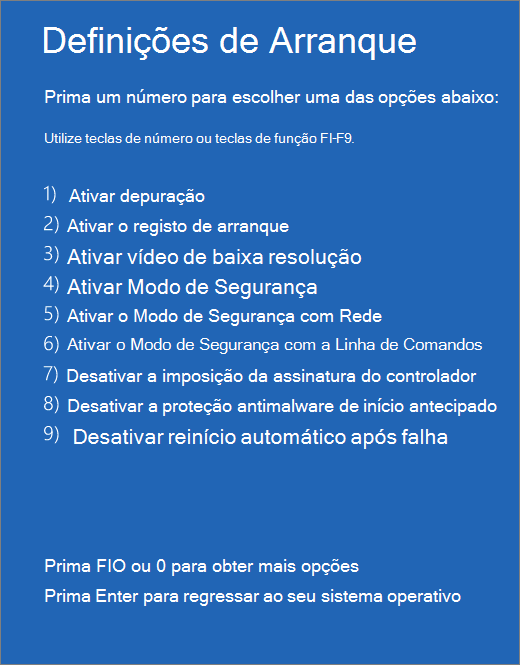 Captura de ecrã a mostrar a lista de definições de arranque.