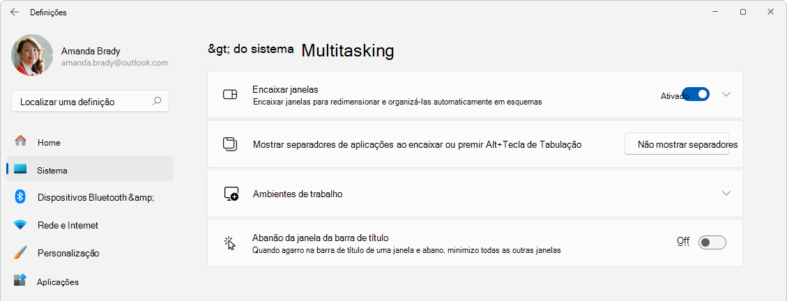 Captura de ecrã a mostrar a Multitasking do Sistema > de Definições>.