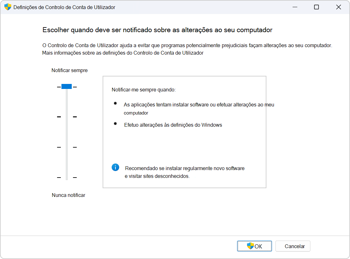 Capturas de ecrã das definições para configurar o UAC.