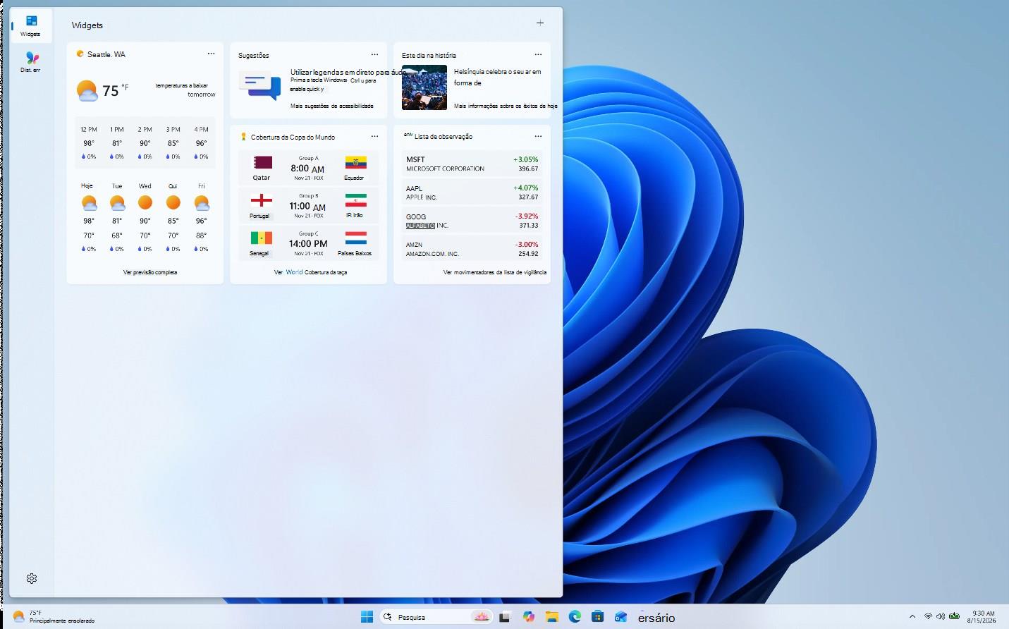 Painel de widgets exibindo widgets de meteorologia, dicas, histórico, Copa do Mundo e lista de observação de ações.