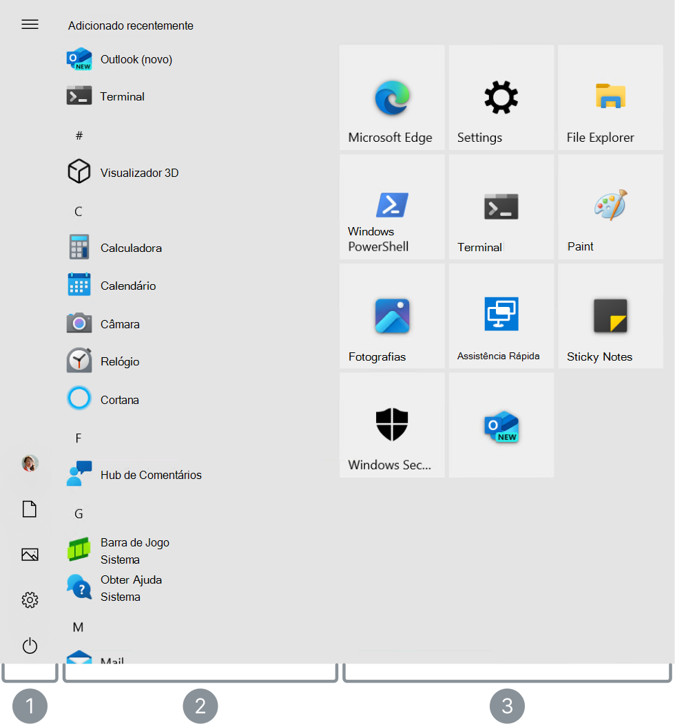 captura de ecrã do menu Iniciar Windows 10 com as 3 áreas principais realçadas.