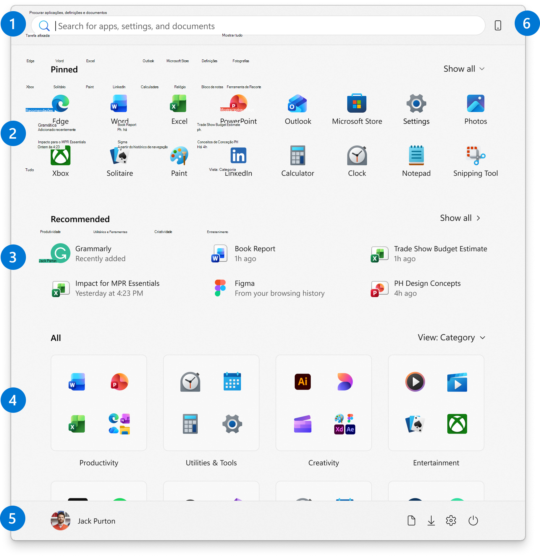 Captura de ecrã do Menu Iniciar do Windows