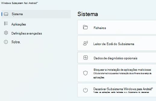 Mostra a página principal de Subsistema Windows para Android (TM).