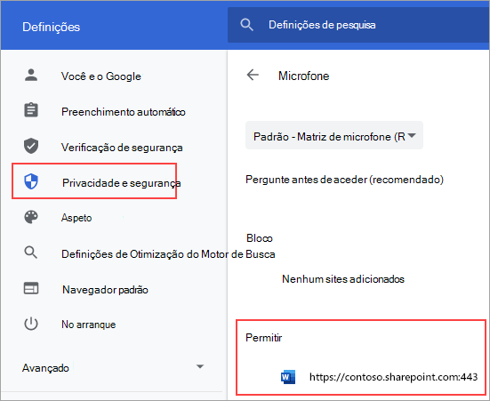 Página de definições de permissões do microfone para o Chrome