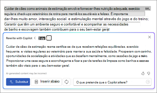 Captura de ecrã do Copilot no Word com sugestões e opções de texto de reescrita