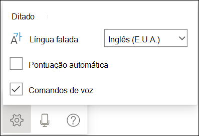 Definições da Barra de Ferramentas de Ditado