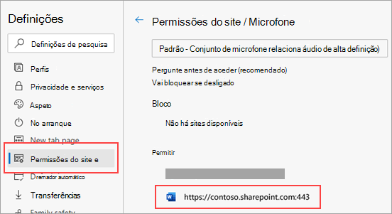 Página de definições de permissões do microfone para o Microsoft Edge