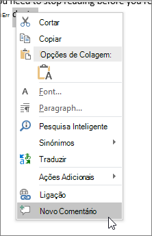 Selecione Novo Comentário no menu de contexto