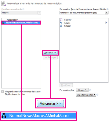 A macro e o botão Adicionar