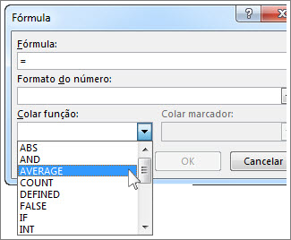 Botão Fórmula com menu de funções