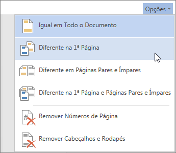 Menu Opções do Cabeçalho e Rodapé no Word Online