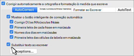 Word para mac, substitua o texto à medida que escreve a caixa de verificação.