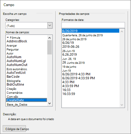Categorias e propriedades de seleção de campos
