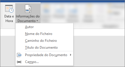 Captura de ecrã a mostrar os botões Informações do Documento e Data & Hora no friso Word