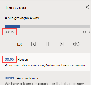 A secção em reprodução está realçada