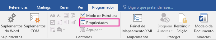 A opção Propriedades está realçada no separador Programador.