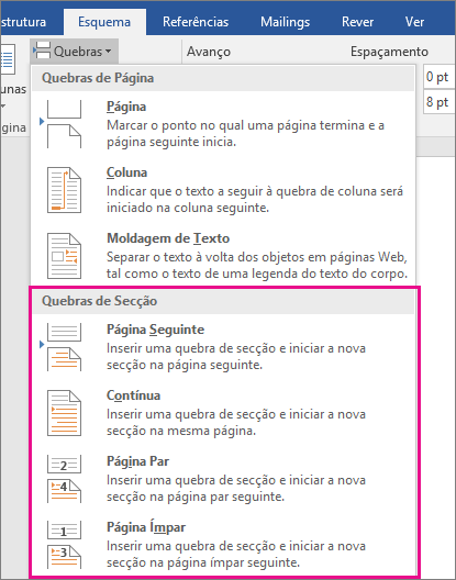 Os tipos de quebras de secção estão realçados no separador Esquema.