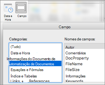 Captura de ecrã que mostra os códigos de campo filtrados pela categoria Informações do Documento