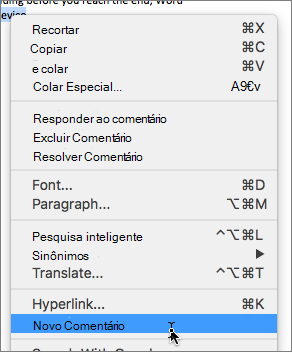 Selecione Novo Comentário no menu de contexto