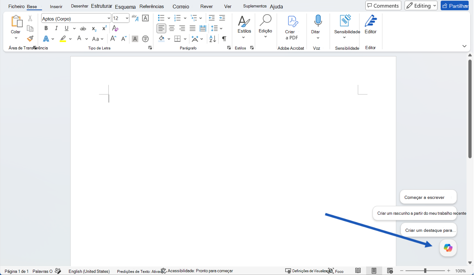 Botão de Ação Dinâmica do Copilot no canto inferior de um documento Word.