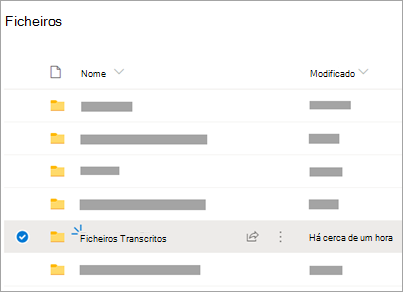 Pastas do OneDrive com a pasta Ficheiros Transcritos visível
