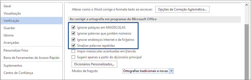 Opções para ignorar palavras ao corrigir a ortografia
