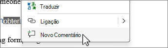 Selecione Novo comentário no menu de contexto do clique com o botão direito do rato