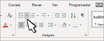 A seta para baixo das marcas realçada no grupo Parágrafo.