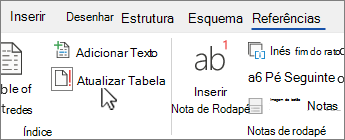 O separador Referência a mostrar o botão atualizar tabela