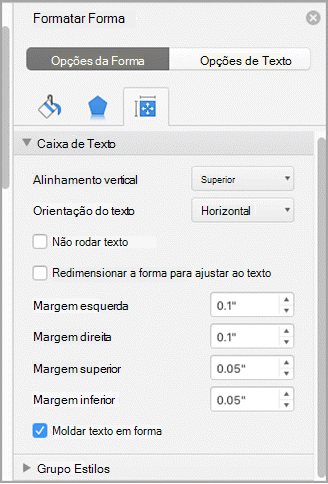 Captura de ecrã do painel Formatar