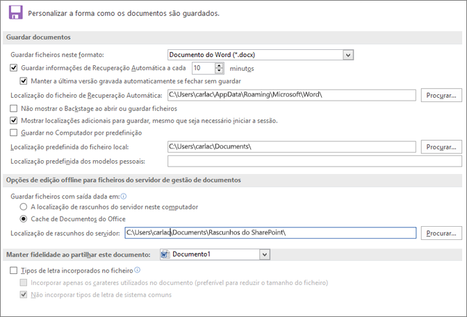 opções guardar Word 2016