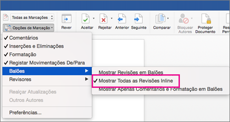 Apresentar todas as Revisões Inline está realçado