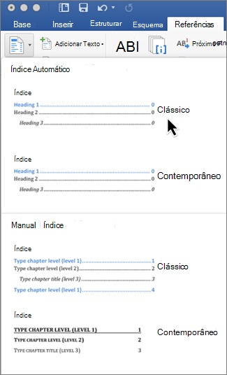 No separador Referências, clique em Índice e, em seguida, selecione um estilo de Índice Automático a partir da galeria