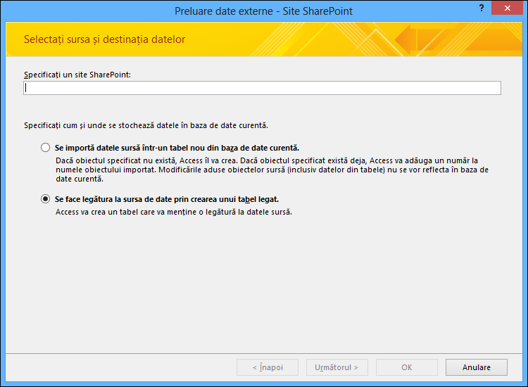 Selectați dacă importați sau legați la un site SharePoint în caseta de dialog Preluare date externe - Site-ul SharePoint.