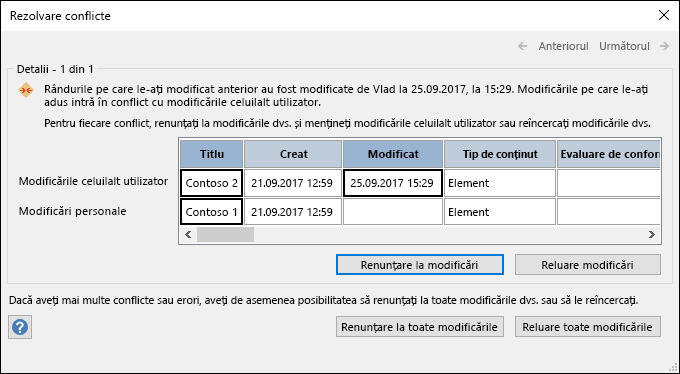 Utilizați opțiunile disponibile în caseta de dialog Rezolvare conflicte pentru a rezolva conflictele de date.