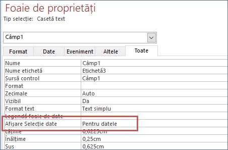 Afișare proprietate selector dată în Foaia de proprietăți pentru un formular