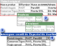 Două tabele create dintr-un tabel și interogarea care le recompune datele