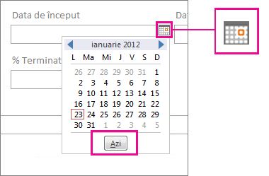 Selectorul dată cu butonul Astăzi evidențiat.