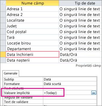 Setarea valorii implicite a unui câmp Dată/Oră într-un tabel Access.