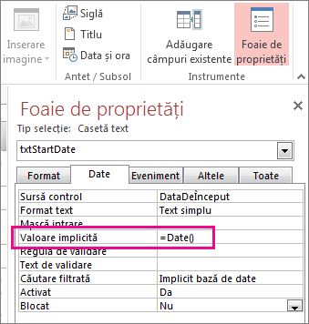 Foaia de proprietăți afișând proprietatea Valoare implicită setată la Date().