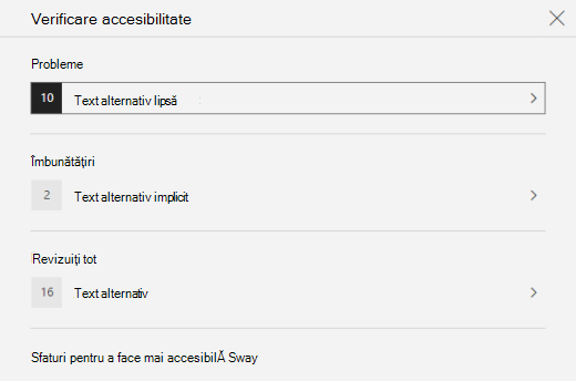 Panoul Verificator de accesibilitate afișând problemele cu textul alternativ în Sway.