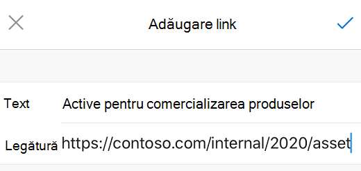 Caseta de dialog Adăugare link din Outlook pentru iOS.