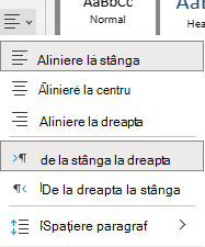 Meniul pentru alinierea textului în OneNote pentru web.