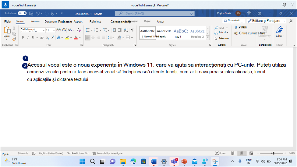 Document Word afișând comanda de acces vocal aldin.
