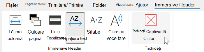 Instrumentul Immersive Reader în Outlook cu cursorul trecând peste închidere