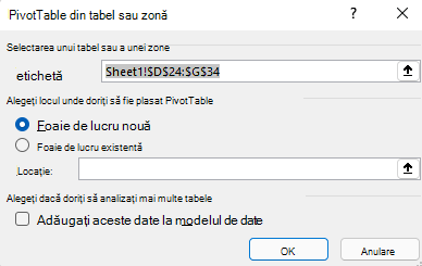 Caseta de dialog Creare PivotTable din Excel pentru Windows, afișând zona de celule selectată și opțiunile implicite.
