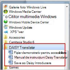 Meniul Start afișând fișierele Daisy după instalare